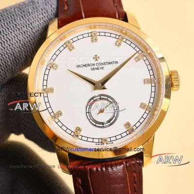 AAA replica Vacheron Constantin gold diamond bezel brown leather strap watch 